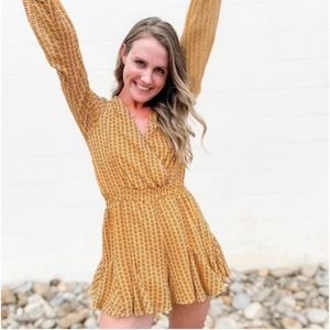 BLUE RAIN  Yellow Print Wrap Front Long Sleeve Romper NWOT